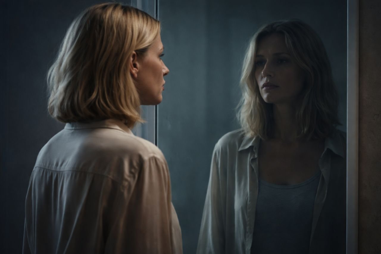 Woman looking at her reflection in a dim mirror, expressing emotional misalignment and quiet dissatisfaction